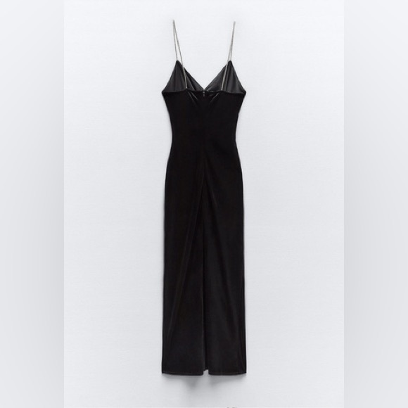 ZARA ~ BLACK VELVET RUCHED GATHERED BODYCON MIDI DRESS WITH RHINESTONE STRAPS - Picture 8 of 11